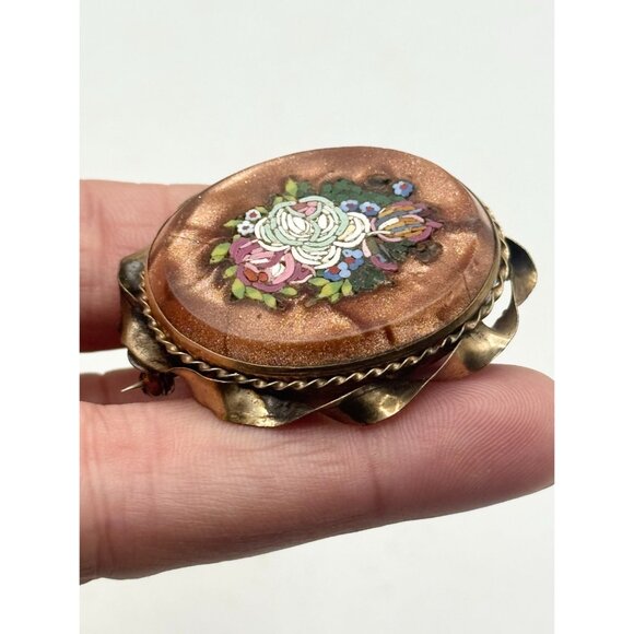 Antique Victorian Goldstone Micro Mosaic Bezel Brooch Pin - Picture 6 of 7